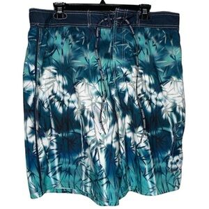 Joe Boxer Classic Tropical Print Swim Trunks (Size:L, Color:Blue-Teal-White)